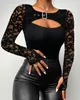 Women's T Shirts Fashion Hollow Solid T-Shirt Autumn Sexy Contrast Lace Long Sleeve Tie Slim Top Casual Basic Shirt