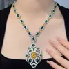 Designer Collection Retro Style Necklace Earrings Women Lady Inlay Green Cubic Zircon Yellow Oval Diamond Plated Gold Color Rhombus Pendant Chain smyckesuppsättningar