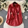 Women's Leather FTLZZ Autumn Winter Women Faux PU Jacket Casual Lapel Single Breasted Streetwear Sash Tie Up Midi Coat