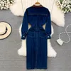 Robes décontractées de haute qualité Vintage élégant manches longues col rabattu avec poche fendue a-ligne Jean femmes dress292W