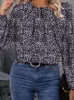 Blusas femininas moda feminina leopardo impressão chiffon blusa encolhimento design botão decoração o-pescoço manga longa outono pullovers soltos topo