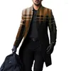 Men's Trench Coats Plaid Business Casual Coat Work Wear To Going Out Fall & Winter Stand Collar Long Sleeve Blue Brown Gray Windbreaker