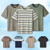 Camisas masculinas 2023 listrado mangas curtas contraste vintage em torno do pescoço camiseta coreano casual grande tamanho tops tamanho M-3XL roupas masculinas