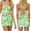 Vestidos casuais mulheres sexy verde tie-dye impressão deslizamento vestido 2021 moda sem mangas backless bandagem slim fit mini férias sundress211x