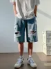 Erkek kot yazlar yaz erkek moda deliği yırtılmış kısa sokak kıyafeti gevşek fit denim şort sıradan kovboy düz hip hop diz uzunluğu