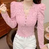 Kadınlar bluzlar düğmesi Dantel Nakış Hook Çiçek Alt gömlek bluz 2023 Sonbahar/Kış Seksi V-Neck Style Slim Fit Çok yönlü üst