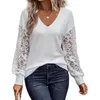 Blouses pour femmes Haut pour femme Col en V Dentelle Patchwork Pull à manches longues Chemise Lâche Casual Printemps Automne Bas Bureau Dames Tissu