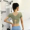 Active Shirts Sexy Cross Back Sports Short Sleeved Women's Navel Exposed Quick Drying Top With Bra Fitness Clothes Yoga T-shirt