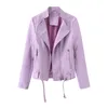 Chaqueta de cuero para motociclista con cremallera para mujer, abrigo de invierno, prendas de vestir exteriores de piel sintética, ropa Harajuku, Top marrón y morado