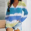 Women's Blouses Sexy Gradient Print V Neck Tops Fashion Stripe Tie-Dyed Knitted Tunic Top Autumn Long Sleeve Workout Shirt Chemises Et