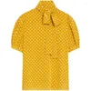 Women's Blouses High End Yellow Polka Dot Silk Top Bow Tie Mulberry Shirt Short Sleeve