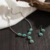Necklace Earrings Set Vintage Bohemian Imitation Turquoise Pendant Necklaces For Women Ethnic Style Silver Color Meatl Casual Party Jewelry