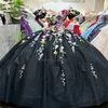 Shiny Charro Czarna meksykańska sukienka Quinceanera 2024 Kolorowe kwiaty Glitter cekin vestidos de 15 Anos koronkowe przyjęcie urodzinowe maskarada vestidos de gala mujer