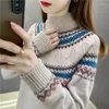 Pulls pour femmes Vintage Jacquard Weave Pulls tricotés Automne Hiver Épissé À Manches Longues Vêtements Casual Demi Col Haut Lâche