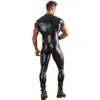 Sexo bodysuit sexy masculino couro catsuit roupas masculinas clubwear um peice manga curta macacão preto masculino t camisa com zíper calças280y