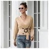 Suéteres femininos outono suéter mulheres cardigan com cinto v pescoço casual knitop faixas inverno preto bege cinza roupas