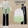 Women's Two Piece Pants Korean Style Gradient Sunscreen Chiffon Shirt Wide Leg Jeans Set Elegant Library Casual Outfits Clothing