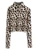 Women's Sweaters 2023 Long Sleeve Leopard Jacquard Knitted Turtleneck Pullover Sexy Open Back Lace Up Cropped Sweater Pullovers Jumpers