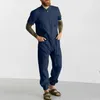 Survêtements d'été en lin pour hommes, manches courtes, pantalon cargo une pièce, costume de loisirs