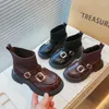 Boots 2023 Autumn Winter Kids Short Girls Fashion Casual Socks Princess Children's Trend Leather Shoes Black Versatile