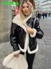 Women's Jackets T MODA Women Fashion Thick Warm Faux Leather Shearling Jacket Coat Vintage Long Sleeve Flap Pocket Female Outerwear Chic Tops 231007