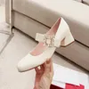 2023 Balletschoenen Mary Jane Enkele Schoenen Leuk Nieuw Ontwerp Gesp Ronde Neus Dikke Hak Sandalen Lakleer Balletschoenen