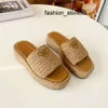 5A Casual Shoes Black Woman Natural Fabric Flatform Sandaler Slippers Woven Platform Mule Shearling Flip Flops Chunky Furry Wool Slide Summer Beach Home Rubber Sole