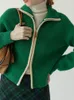 Womens Sweaters Green Double Zipper Knitted Cardigan Retro Fashion Lapel Cardigans for Women Loose Thick AutumnWinter Blue Sweater Coat 231007