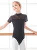 Stage Wear Enfants Solide Couleur Ballet Fille Costume Barboteuses Dos Nu Femme Justaucorps Danse Classique Dentelle Patchwork Vêtements Latins