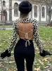 Women's Sweaters 2023 Long Sleeve Leopard Jacquard Knitted Turtleneck Pullover Sexy Open Back Lace Up Cropped Sweater Pullovers Jumpers