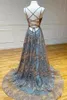 Exquisite Sequined Prom Party Dresses Spaghetti Tulle Split Evening Gowns A Line Occasion Party Dress Side Split