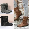 Bottes mi-longues pour femmes, boucle de ceinture courte, couleur unie, talon bas, grande taille, mode