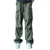 Men's Pants Men Cargo Elastic Waist Drawstring Straight Trousers Wide Leg Multi Pockets Hip Hop Baggy Long Streetwear