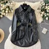 Women's Leather FTLZZ Autumn Winter Women Faux PU Jacket Casual Lapel Single Breasted Streetwear Sash Tie Up Midi Coat