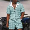 メンズトラックスーツカジュアルセットヴィンテージチェック格子格子格子格軽ショーラペルシャツビーチスーツファッションルーズポケット男性ショーツ衣装ストリートウェア