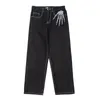 İşlemeli pantolon y2k sokak kıyafeti gevşek düz bacak siyah kot pantolon erkekler büyük bülbeli kot pantolon hip hop rahat