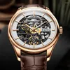 Armbandsur Schweiz Hazeal Automatic Mechanical Sapphire Men's Watches Dual Skeleton Waterproof Luminou Leather Clock