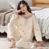 Pyjamas en coton pur pour femmes, vêtements de nuit, manches longues, ensemble d'ameublement de maison, printemps et automne, été 2023