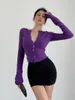 Damenpullover Flare Sweet Mohair Sleeve Button Pullover Mode Sexy Tops für Frauen Schlanke Strickjacke Lila M8L8