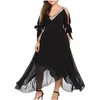 Kleider in Übergröße, A Lin, Damenbekleidung, Sommermode, sexy Schwarz, V-Ausschnitt, schulterfreie Ärmel, Taille, Chiffon, unregelmäßiger Saum, Partykleid