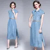 Party Kleider Frauen Sommer Elegante Denim Kleid Hemd Hohe Qualität Lange Vintage Robe Femme Runway Designer Blau Casual Vestidos