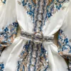 ヨーロッパのスタンディングネック長袖レトロエスニックスタイルプリントラージスイングドレスハイエンドドレス秋のランタン袖のスカート
