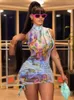 Work Dresses Bolopi Graphic Mesh Crop Tank Top Mini Skirt 2 Pieces Set 2023 Summer Women Y2K Outfits See-Through Shirring Slim Club Suit