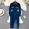 Casual Dresses High Quality Vintage Elegant Long Sleeve Turn-Down Collar Wth Pocket Split A-Line Jean Women Dress292w