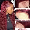 Syntetic S 13x4 HD Transparent 99J Bourgogne Colored Deep Wave Lace Front Human Hair Cranberry Brazilian Frontal 231007