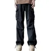 Men's Pants Men Cargo Elastic Waist Drawstring Straight Trousers Wide Leg Multi Pockets Hip Hop Baggy Long Streetwear