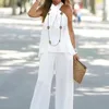 Women's Two Piece Pants Sleeveless Sexy 2023 Spring/Summer Fashion Casual Hanging Neck Solid Color Set Wide Leg