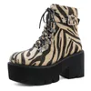 Botas grossas de fundo leopardo impressão de metal frente lace up cabeça redonda fivela lateral zíper grande rua na moda feminina D-53