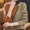 Women's Sweaters Asymmetrical Striped Button Knitted Splicing Vintage Temperament Autumn Winter Thick Clothing Elegant Keep Warm