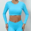 Yoga Outfit Women Long Sleeve Soft Comfortable Quick Dry Open Back Crop T Shirt Solid Color Outdoor Mountain Climbing Top